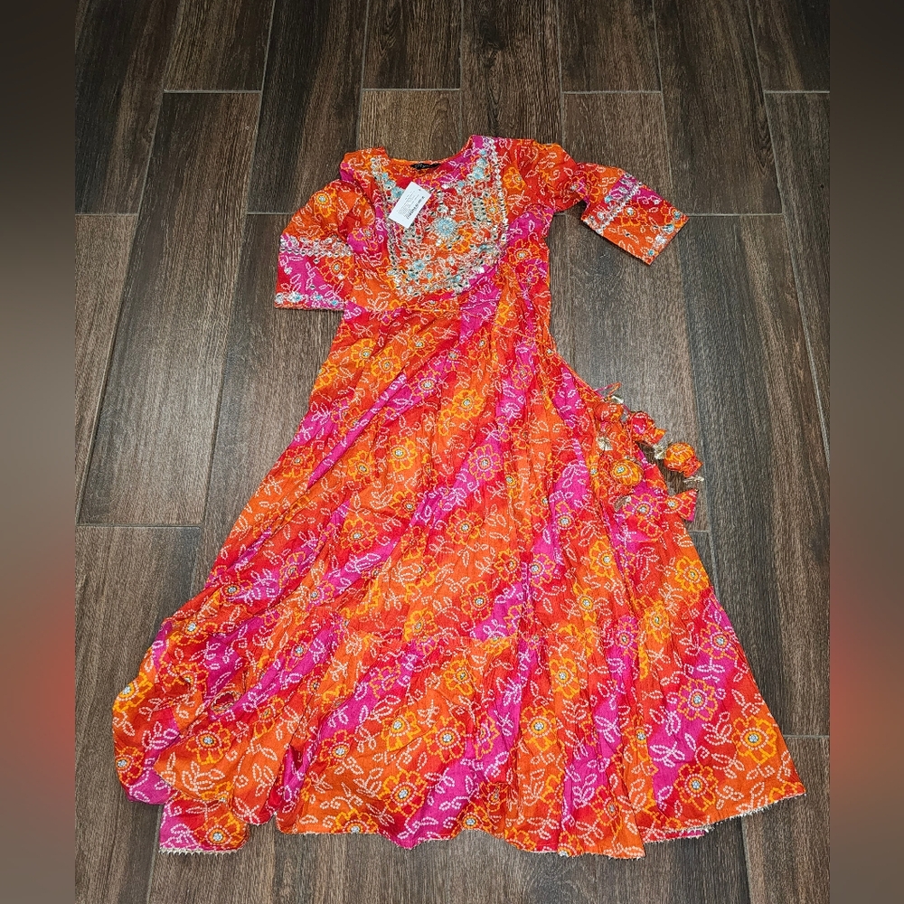INDIAN Vibrant Orange and Pink Floral Dress ETHNIC BEAUTIFUL SZ 36 SZ SMALL